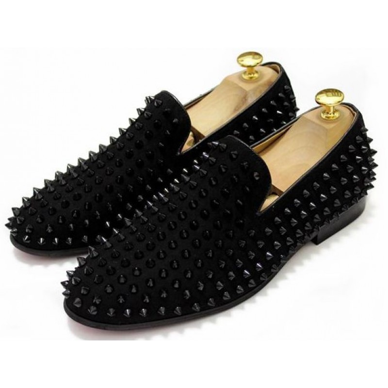 Black Suede Spike Studs Punk Rock Mens Loafers Flats Dress Shoes