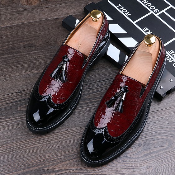 Black Red Tassels Glossy Patent Leather Loafers Flats Dress Shoes