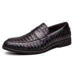 Black Knitted Leather VIntage Mens Oxfords Loafers Dress Shoes Flats