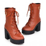 Brown Lace Up High Top Platforms Heels Military Combat Boots Shoes