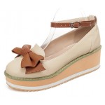 Cream Brown Bow Platforms Ballets Ballerina Wedges Lolita Flats Loafers Shoes