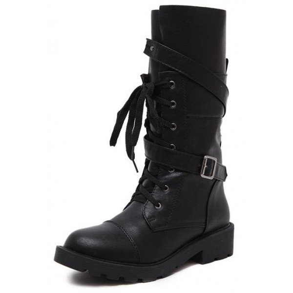 Black Lace Up Long High Top Military Combat Boots