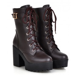 Brown Lace Up High Top Platforms Heels Military Combat Boots