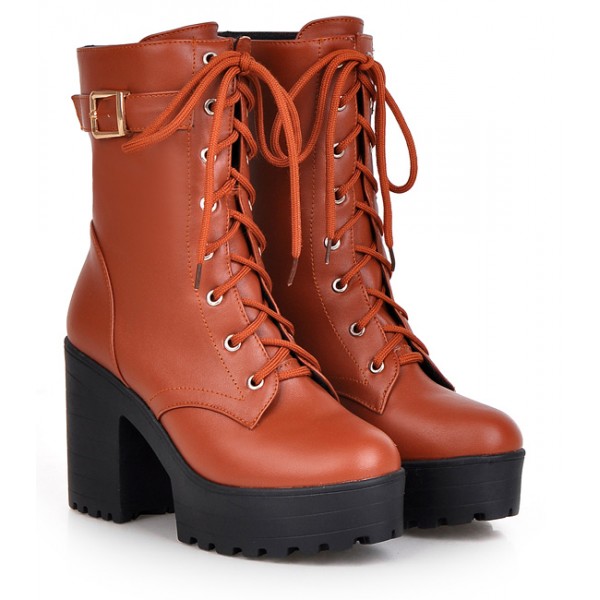 Brown Lace Up High Top Platforms Heels Military Combat Boots Shoes
