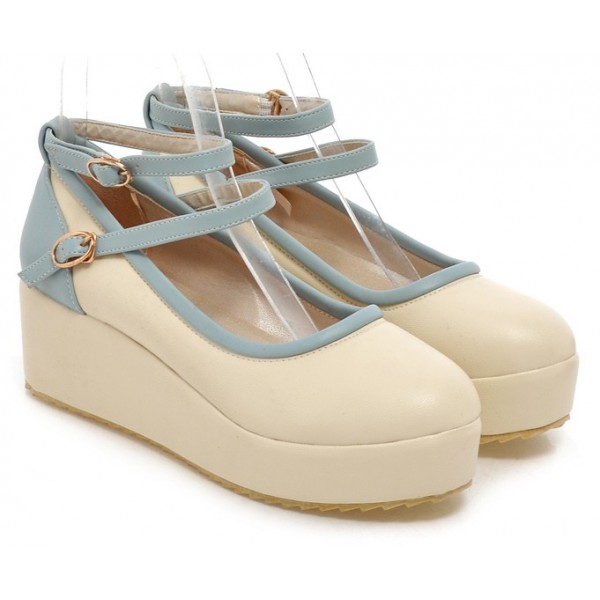 Cream Blue Ankle Straps Platforms Ballets Ballerina Lolita Flats Loafers Shoes