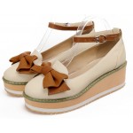 Cream Brown Bow Platforms Ballets Ballerina Wedges Lolita Flats Loafers Shoes