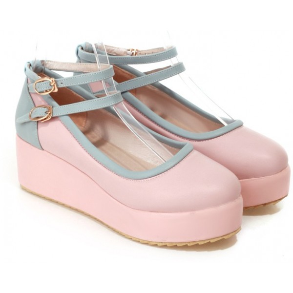 Pink Blue Ankle Straps Platforms Ballets Ballerina Lolita Flats Loafers Shoes