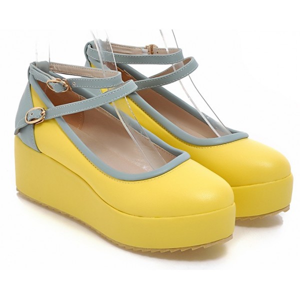 Yellow Blue Ankle Straps Platforms Ballets Ballerina Lolita Flats Loafers Shoes