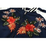 Blue Navy Satin Embroidery Flowers Baseball Aviator Bomber Rider Jacket