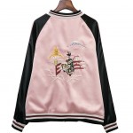 Pink Black Satin Embroidery Phoenix Geisha Baseball Aviator Bomber Rider Jacket