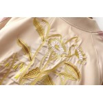Pink Gold Embroidery Flowers Satin Baseball Aviator Bomber Rider Jacket