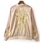 Pink Gold Embroidery Flowers Satin Baseball Aviator Bomber Rider Jacket