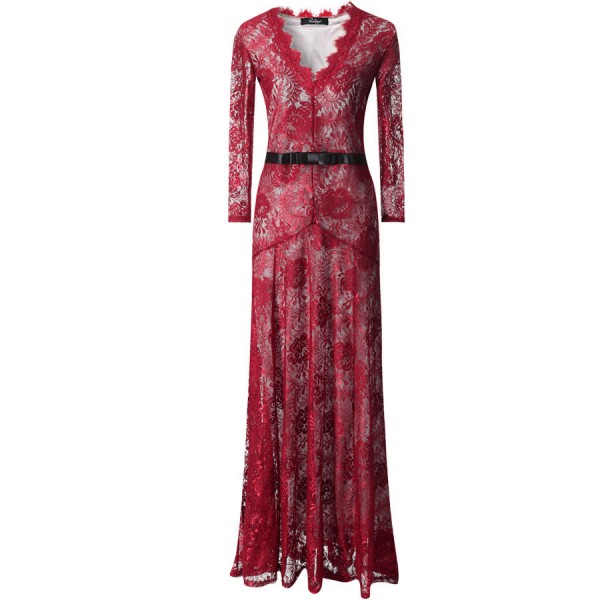 Burgundy Sexy Lace Long Sleeves Goddess Cocktail Bridal Mermaid Tail Maxi Dress Gown