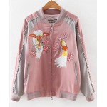 Pink Grey Satin Embroidery Phoenix Baseball Aviator Bomber Rider Jacket