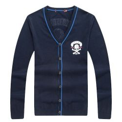 Blue Navy Skulls Punk Rock Long Sleeves Knit Mens Sweater Cardigan