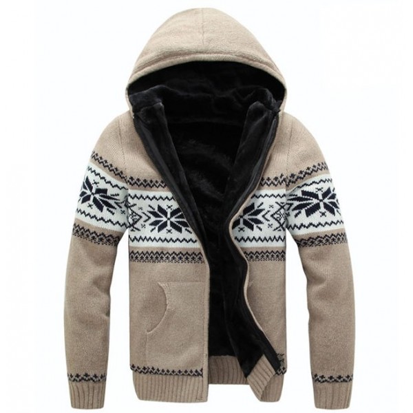 Khaki Snowflakes Old School Knitted Long Sleeves Mens Cardigan Hoodie Hooded Jacket