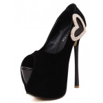 Black Suede Heart Diamante Peep Toe Platforms Stiletto High Heels Shoes