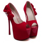 Red Suede Bow Diamante Peep Toe Platforms Stiletto High Heels Shoes