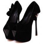 Black Suede Bow Diamante Peep Toe Platforms Stiletto High Heels Shoes