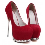 Red Quilted Suede Pearls Embellished Platforms Metal Stiletto High Heels Shoes
