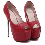 Red Quilted Peep Toe Platforms Metal Stiletto High Heels Shoes
