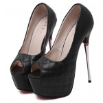 Black Quilted Peep Toe Platforms Metal Stiletto High Heels Shoes
