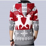Red Snowflakes Reindeers Knitted Long Sleeves Mens Cardigan Hoodie Hooded Jacket