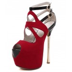 Red Suede Peeptoe Ankle Straps Platforms Gold Stiletto High Heels Sandals Shoes
