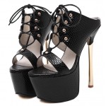 Black Lace Up Platforms Gold Stiletto High Heels Sandals Shoes