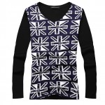 Grey Black White Jack Union UK Flag V Neck Long Sleeves Knit Mens Sweater