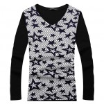 Grey Black White Stars Punk Rock V Neck Long Sleeves Knit Mens Sweater