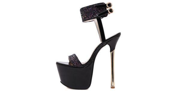 black glitter sandals heels