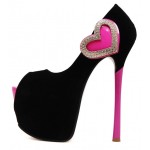 Black Pink Suede Heart Diamante Peep Toe Platforms Stiletto High Heels Shoes
