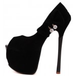 Black Suede Bow Diamante Peep Toe Platforms Stiletto High Heels Shoes