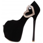 Black Suede Heart Diamante Peep Toe Platforms Stiletto High Heels Shoes