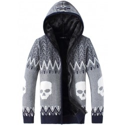 Grey Skulls Skeleton Knitted Long Sleeves Mens Cardigan Hoodie Hooded Jacket