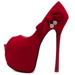 Red Suede Bow Diamante Peep Toe Platforms Stiletto High Heels Shoes