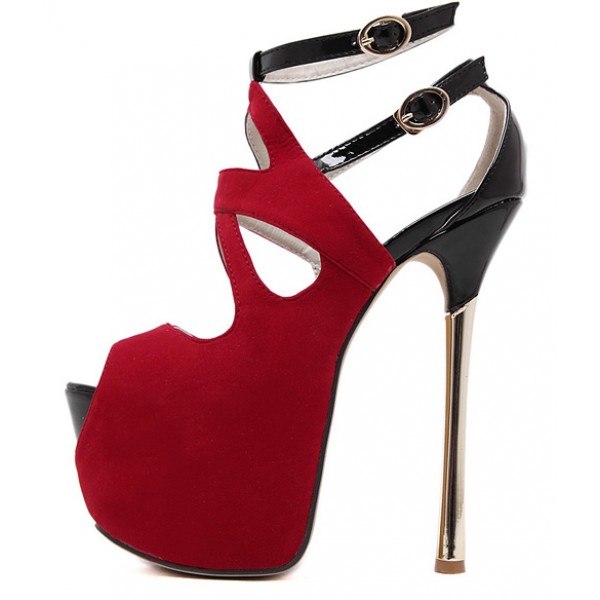 Red Suede Peeptoe Ankle Straps Platforms Gold Stiletto High Heels Sandals Shoes
