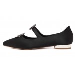 Black Satin Diamonte Square Buckles Point Head Evening Party Flats Shoes