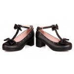 Black Heart Bow T Straps Sweet Mary Jane Heels Shoes