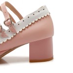 Pink White Bow Lace Trim Double Straps Sweet Mary Jane Heels Shoes