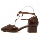 Brown Patent Leather Round Head Ankle Straps Strappy Mid Heels Shoes
