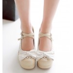 Khaki White Bow Lace Trim Double Straps Sweet Mary Jane Heels Shoes