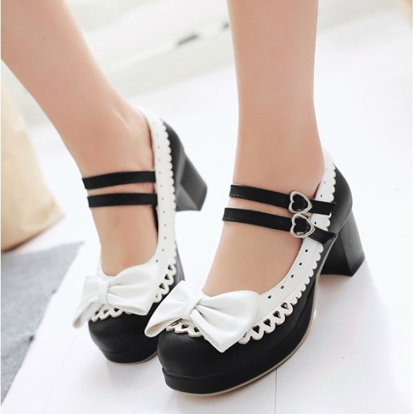 Black White Bow Lace Trim Double Straps Sweet Lolita Mary Jane Heels Shoes