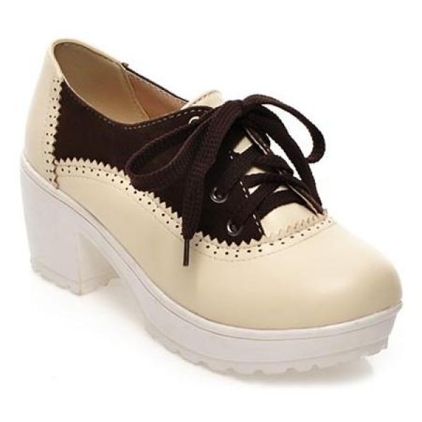 Cream Brown Vintage Chunky Sole Block Lace Up Heels Platforms Oxfords Shoes
