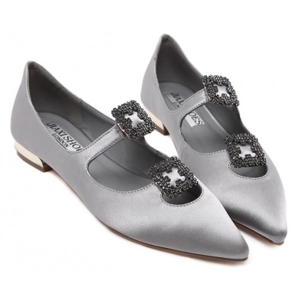Silver Satin Diamonte Square Buckles Point Head Evening Party Flats Shoes