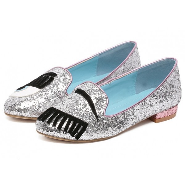 Silver Sequins Eyes Eyelash Bling Bling Loafers Flats Shoes