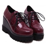 Burgundy Patent Lace Up Wedges Platforms Oxfords Shoes