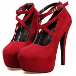 Red Suede Cross Strap Mary Jane Platforms Stiletto High Heels Shoes