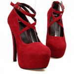 Red Suede Cross Strap Mary Jane Platforms Stiletto High Heels Shoes